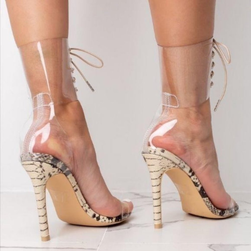 Lace Up Ankle Wrap Snake Print Heels - Picture 2 of 8